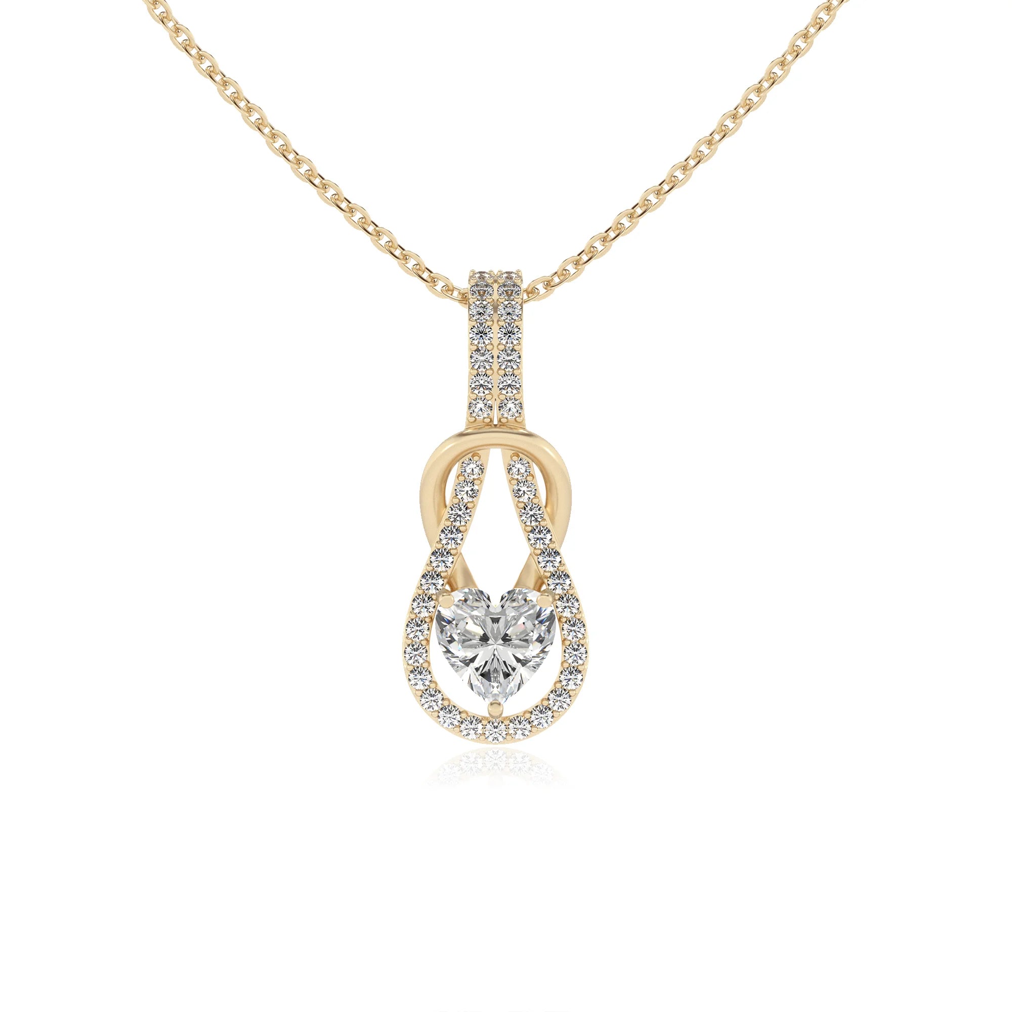 lab grown moissanite heart infinity  v-bale necklaces in yellow gold 