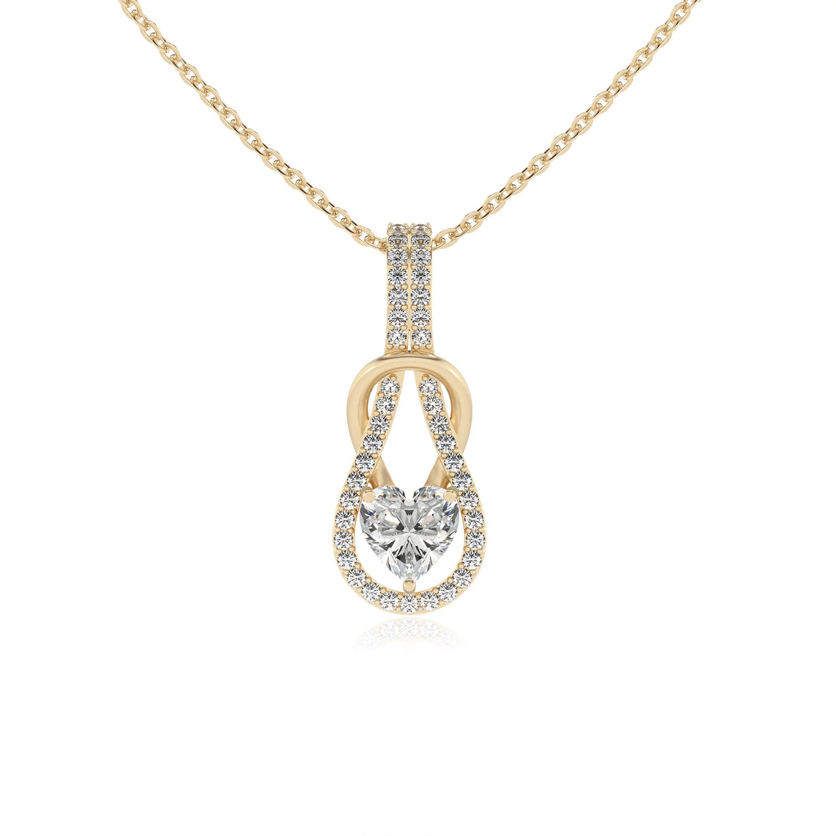 lab grown moissanite heart infinity  v-bale necklaces in yellow gold 