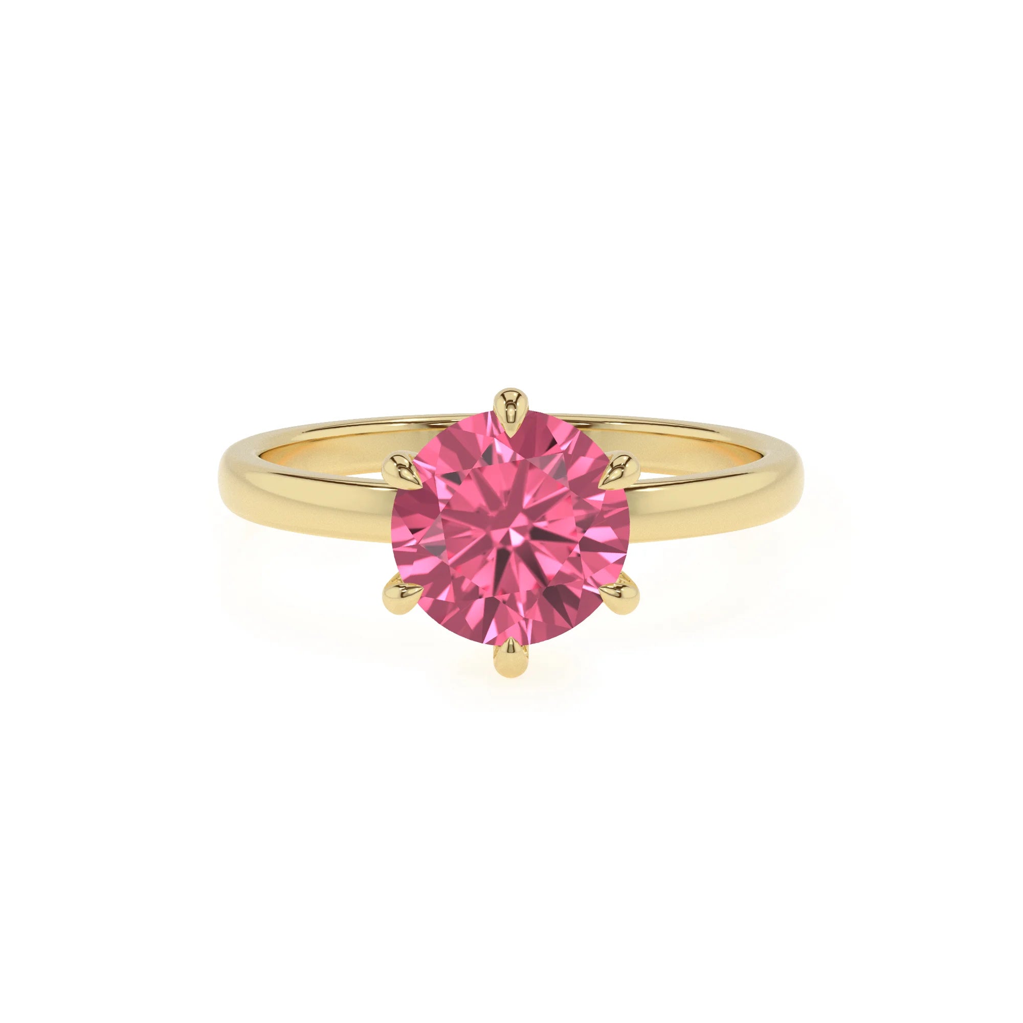 lab grown pink-tourmaline round solitaire rings in yellow gold 