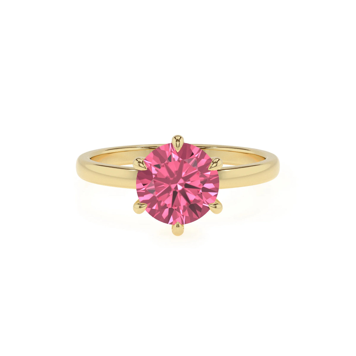 lab grown pink-tourmaline round solitaire rings in yellow gold 