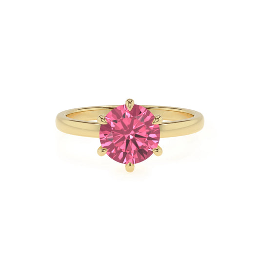 lab grown pink-tourmaline round solitaire rings in yellow gold 
