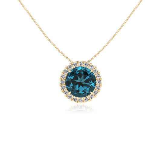 natural london blue topaz round solitaire necklaces in yellow gold 