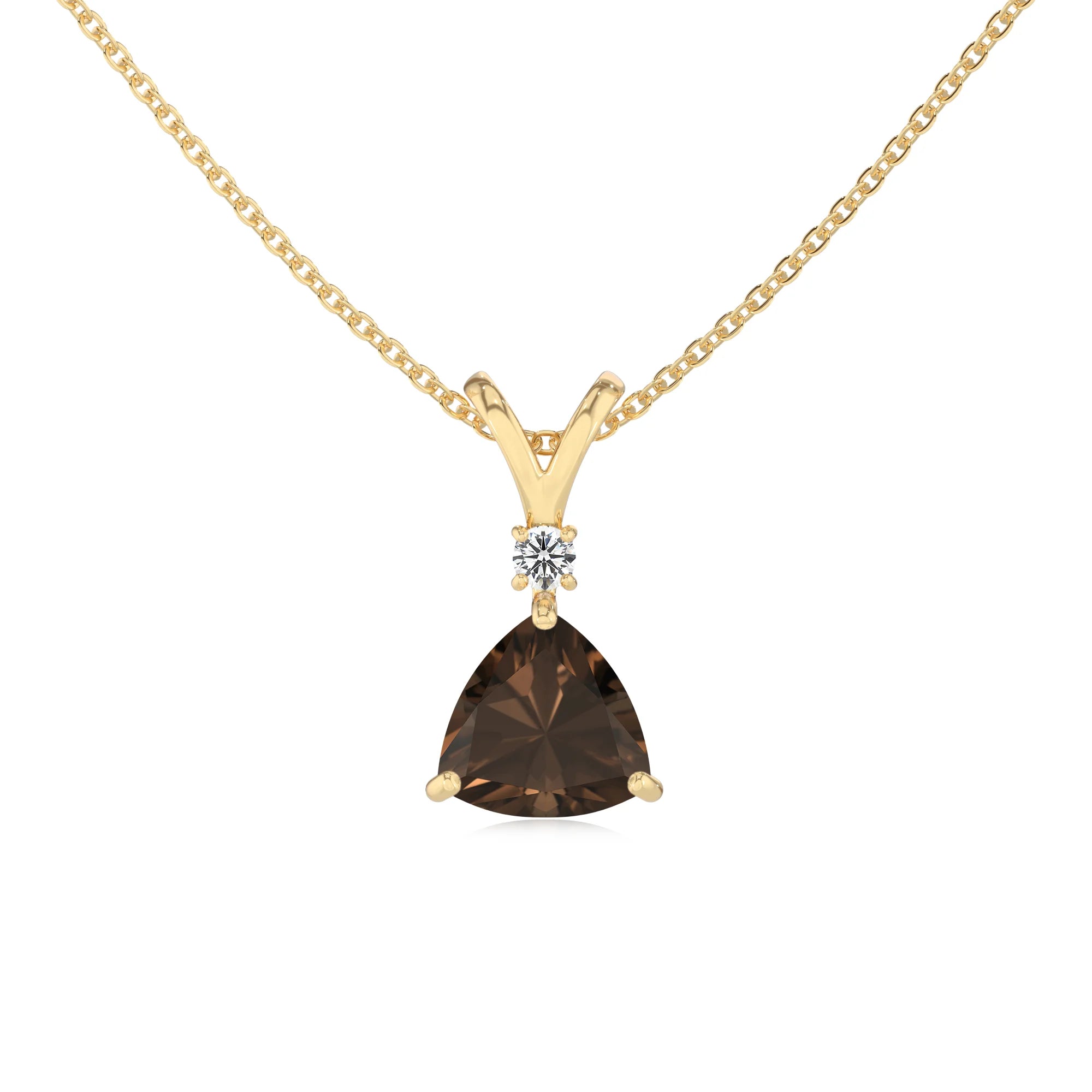 natural smoky-quartz trillion solitaire v-bale necklaces in yellow gold 