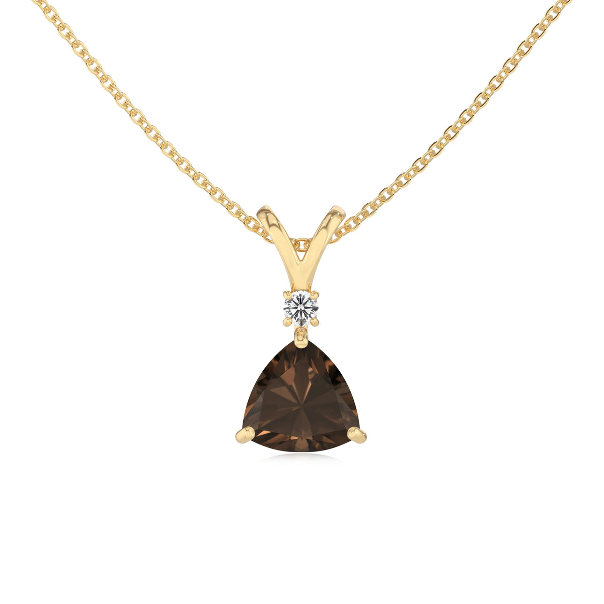natural smoky-quartz trillion solitaire v-bale necklaces in yellow gold 