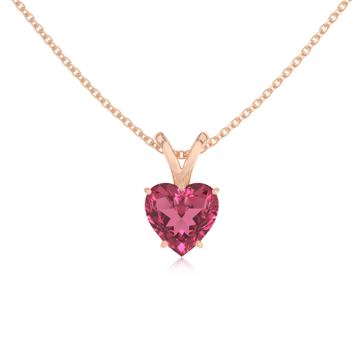 lab grown pink-tourmaline heart solitaire v-bale necklaces in rose gold 
