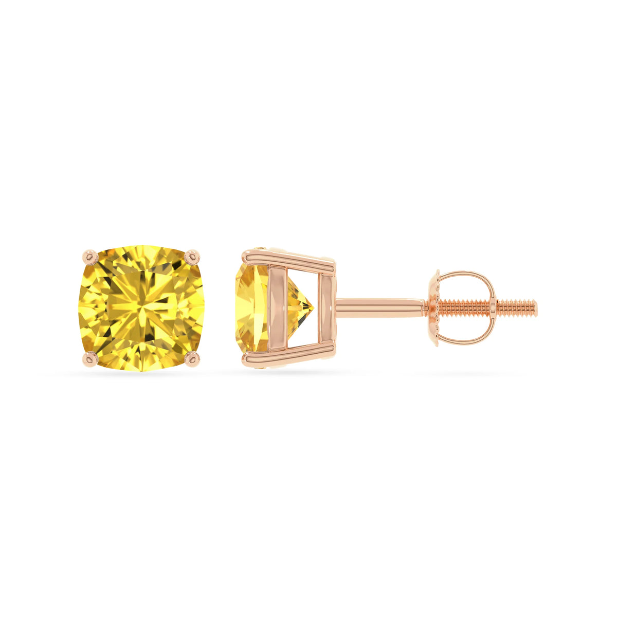 lab grown yellow sapphire cushion stud earrings in rose gold 