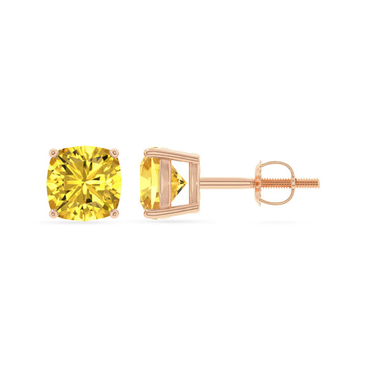 lab grown yellow sapphire cushion stud earrings in rose gold 