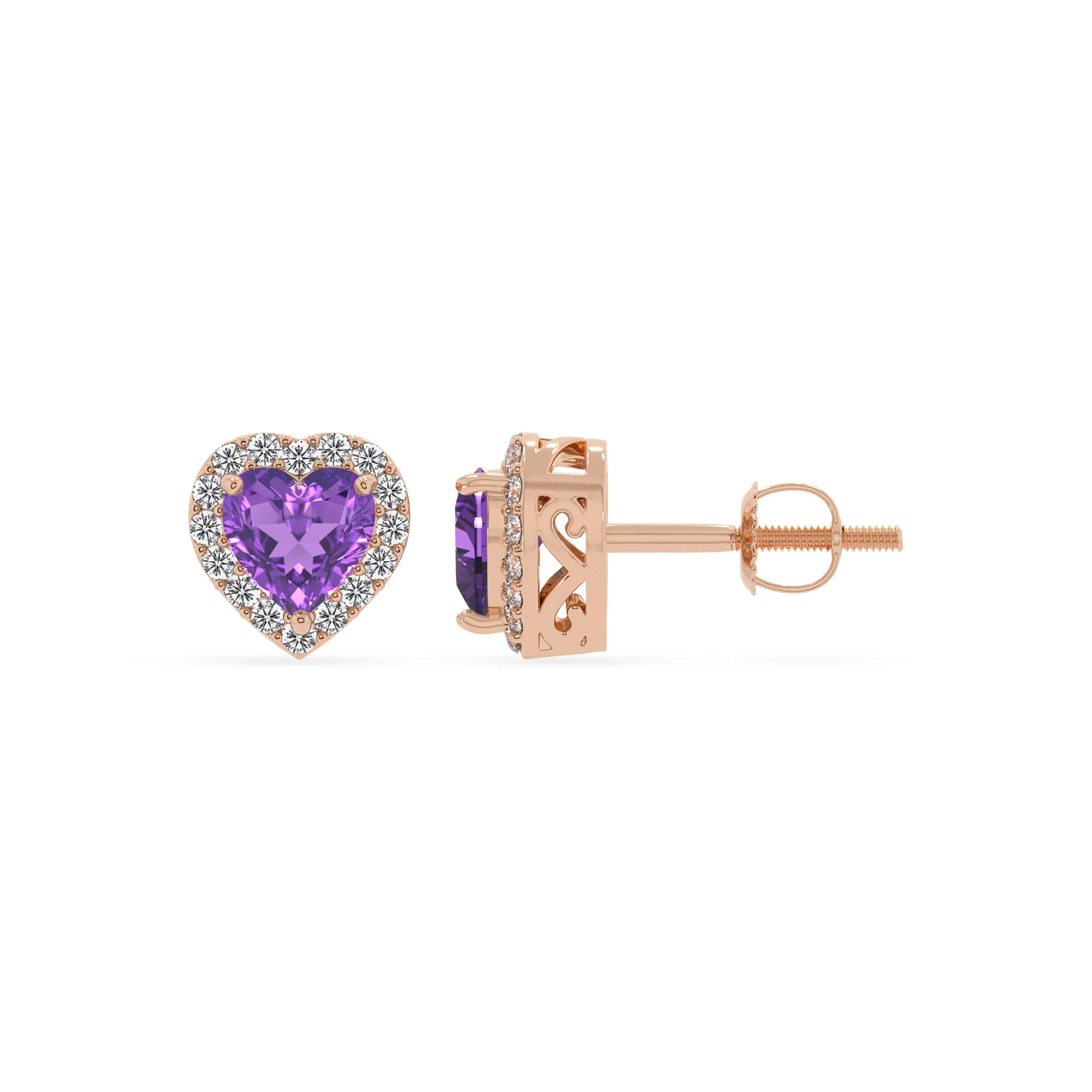 lab grown amethyst heart stud earrings in rose gold 