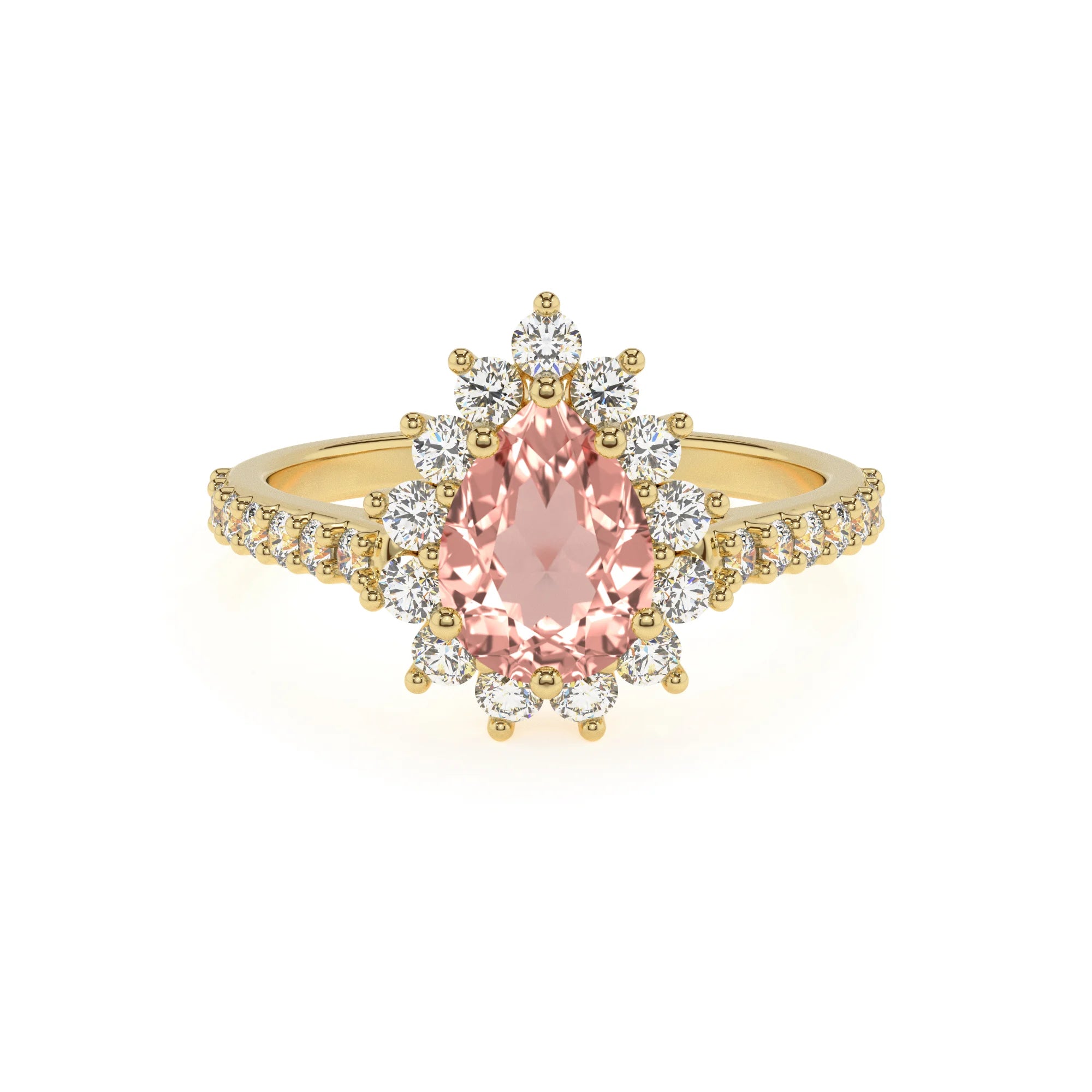 lab grown morganite pear solitaire rings in yellow gold 