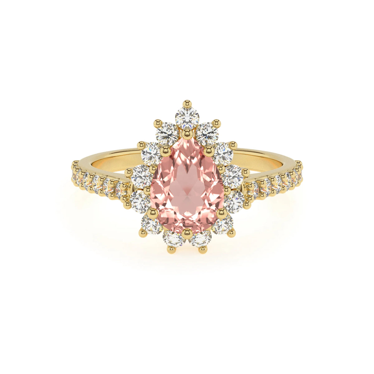lab grown morganite pear solitaire rings in yellow gold 