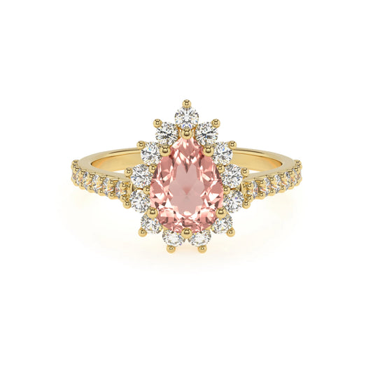 lab grown morganite pear solitaire rings in yellow gold 