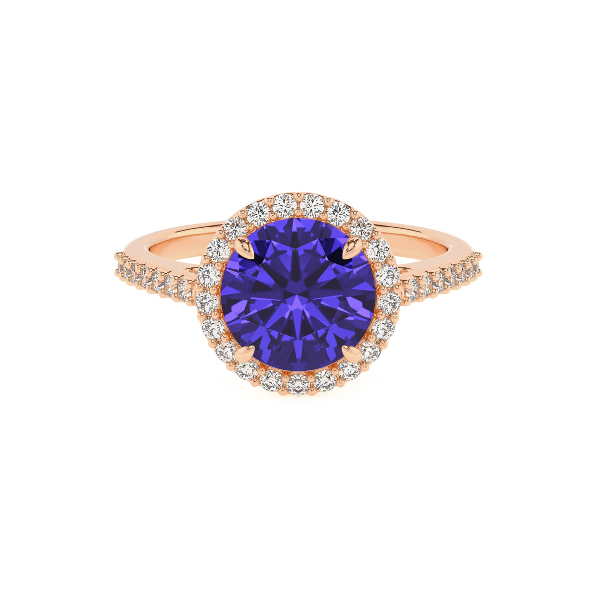 lab grown tanzanite round solitaire rings in rose gold 