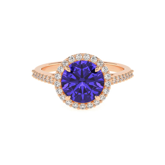 lab grown tanzanite round solitaire rings in rose gold 