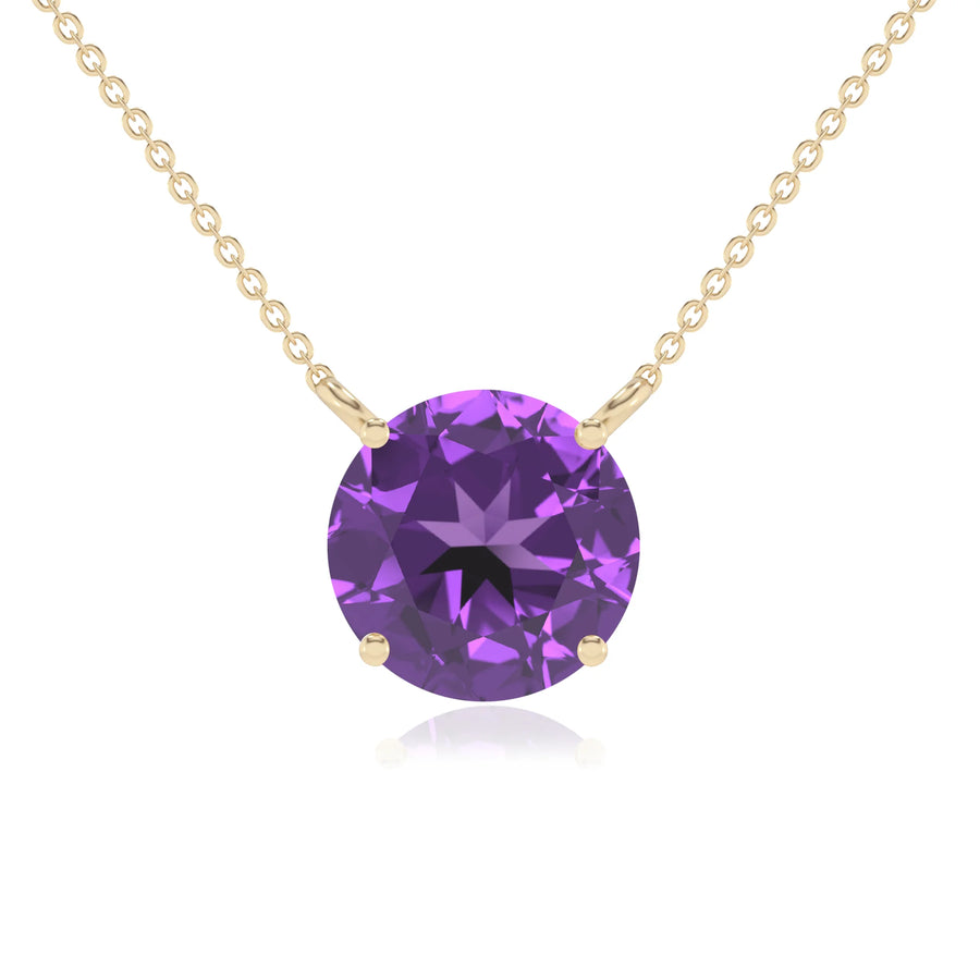 lab grown amethyst round solitaire necklaces in yellow gold 