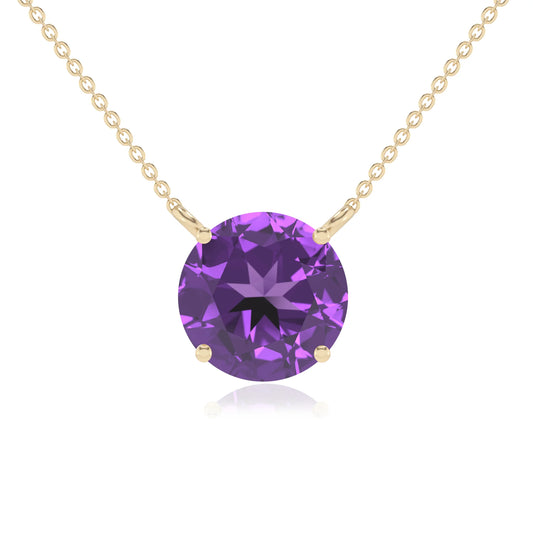 lab grown amethyst round solitaire necklaces in yellow gold 