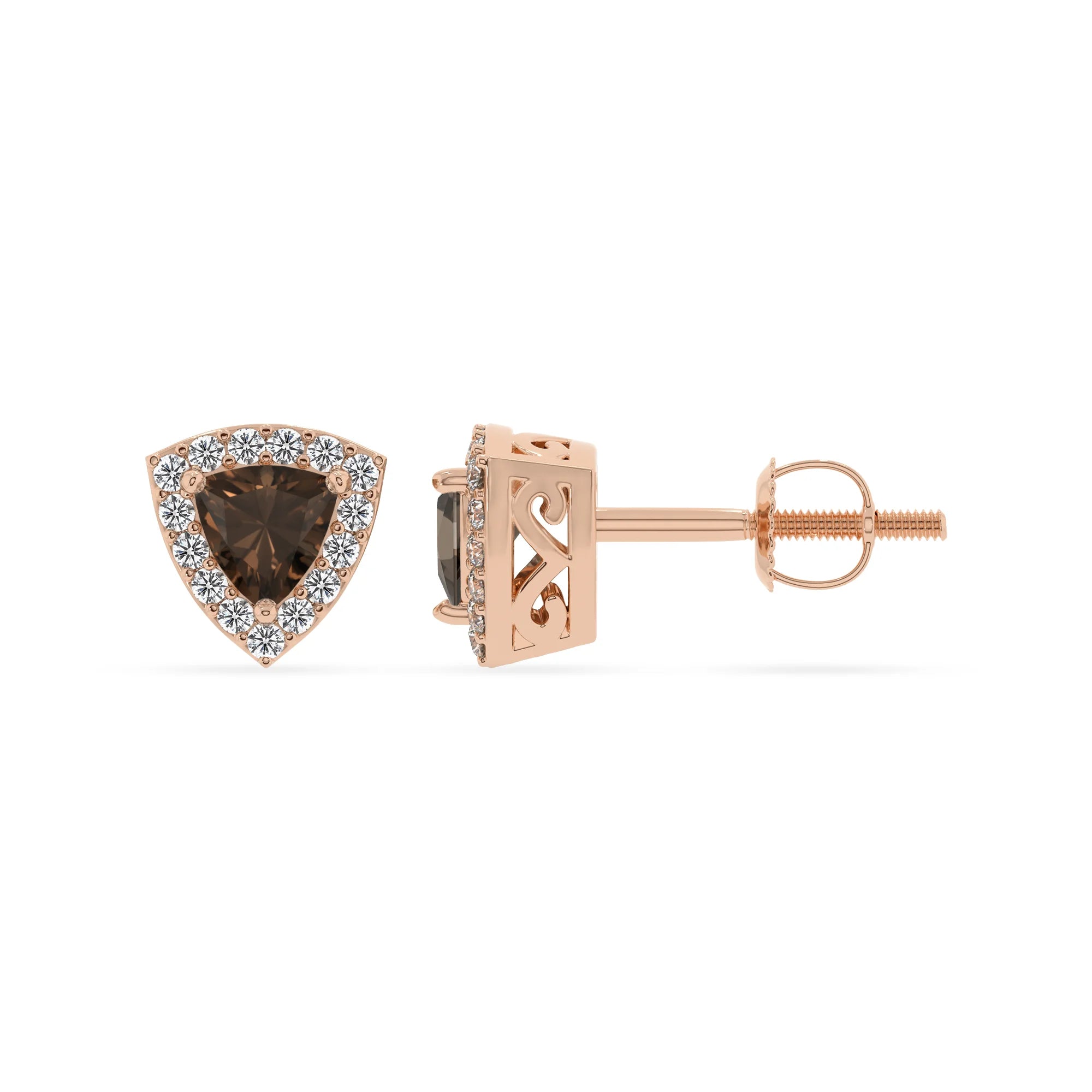 natural smoky quartz trillion stud earrings in rose gold 