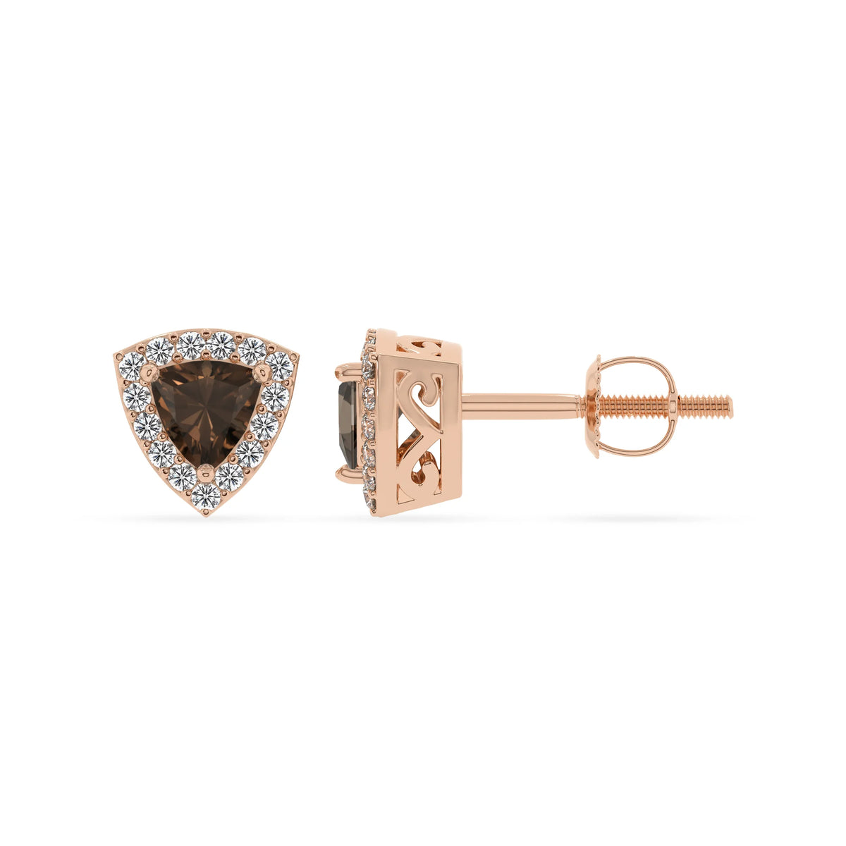 natural smoky quartz trillion stud earrings in rose gold 