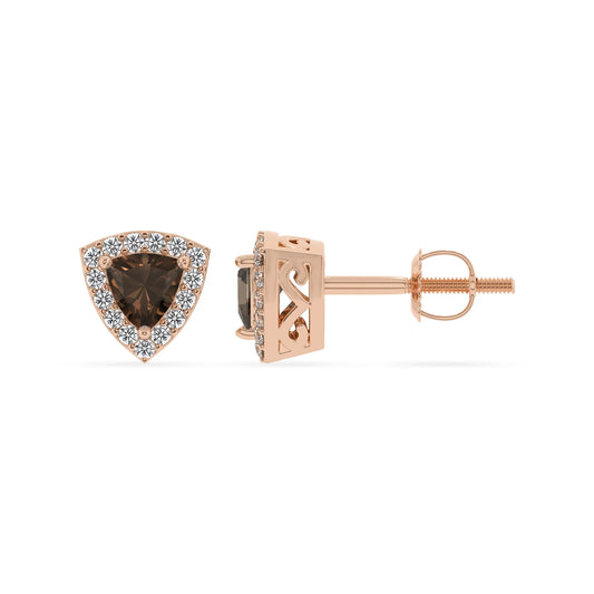 natural smoky quartz trillion stud earrings in rose gold 
