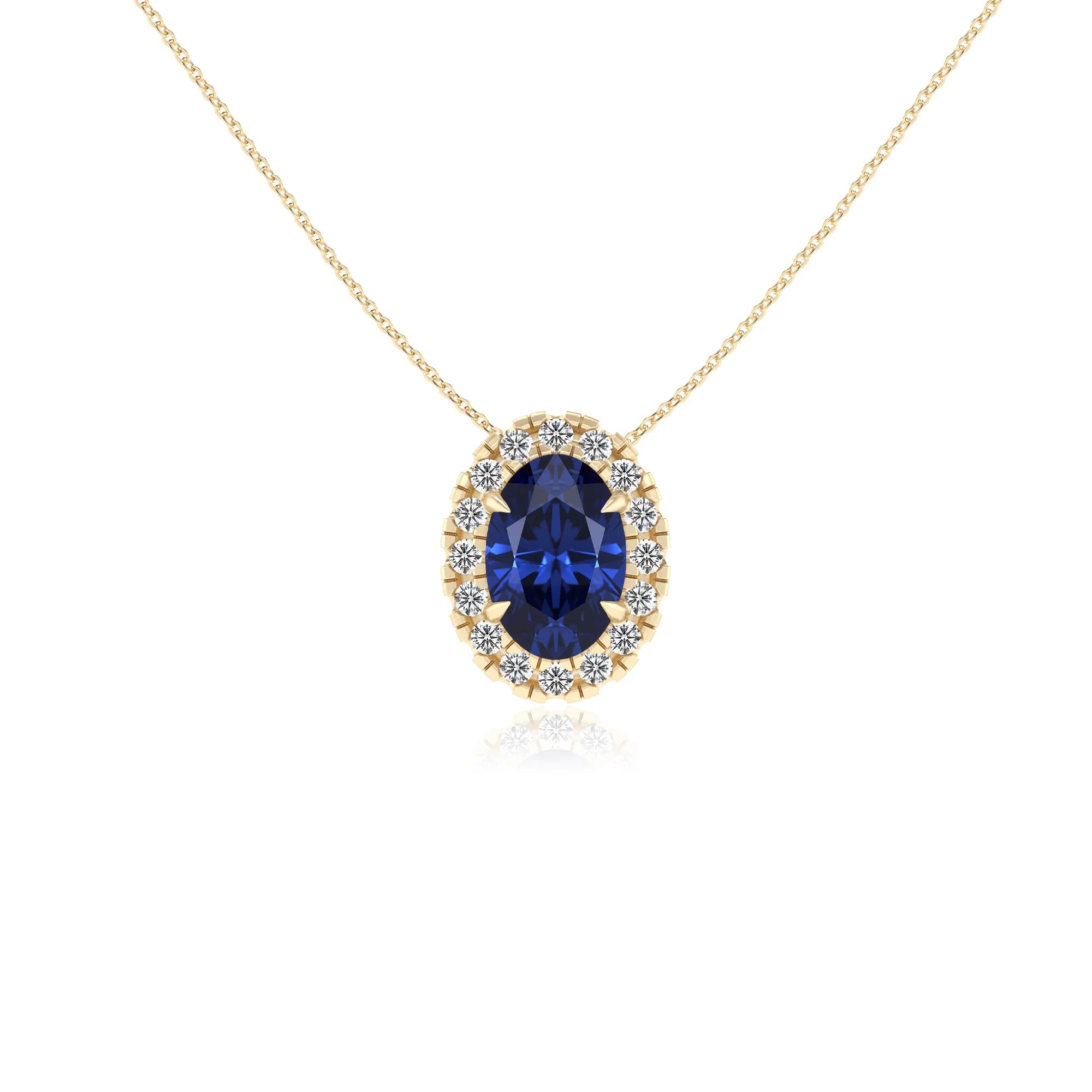 lab grown blue sapphire oval solitaire necklaces in yellow gold 