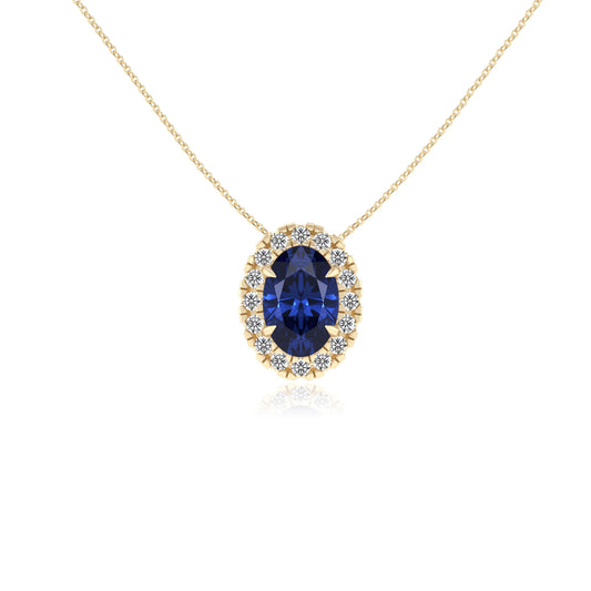 lab grown blue sapphire oval solitaire necklaces in yellow gold 