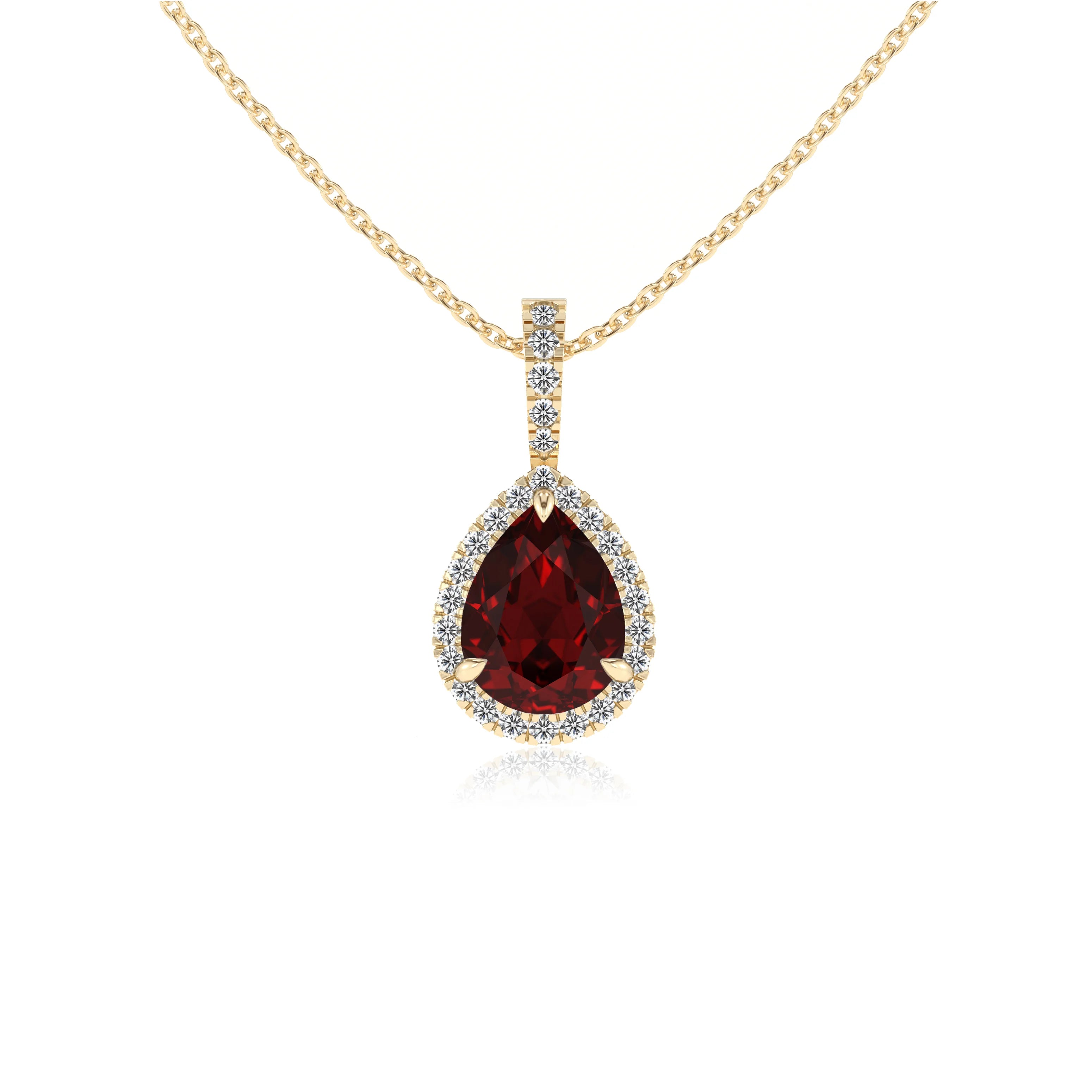 natural garnet pear solitaire necklaces in yellow gold 