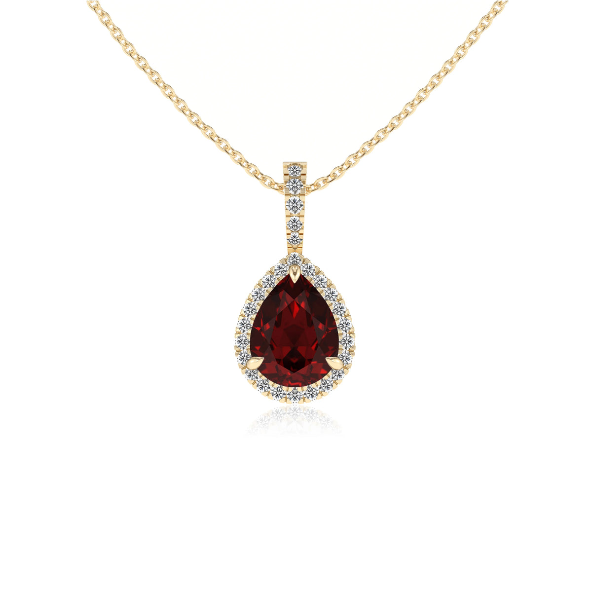 natural garnet pear solitaire necklaces in yellow gold 