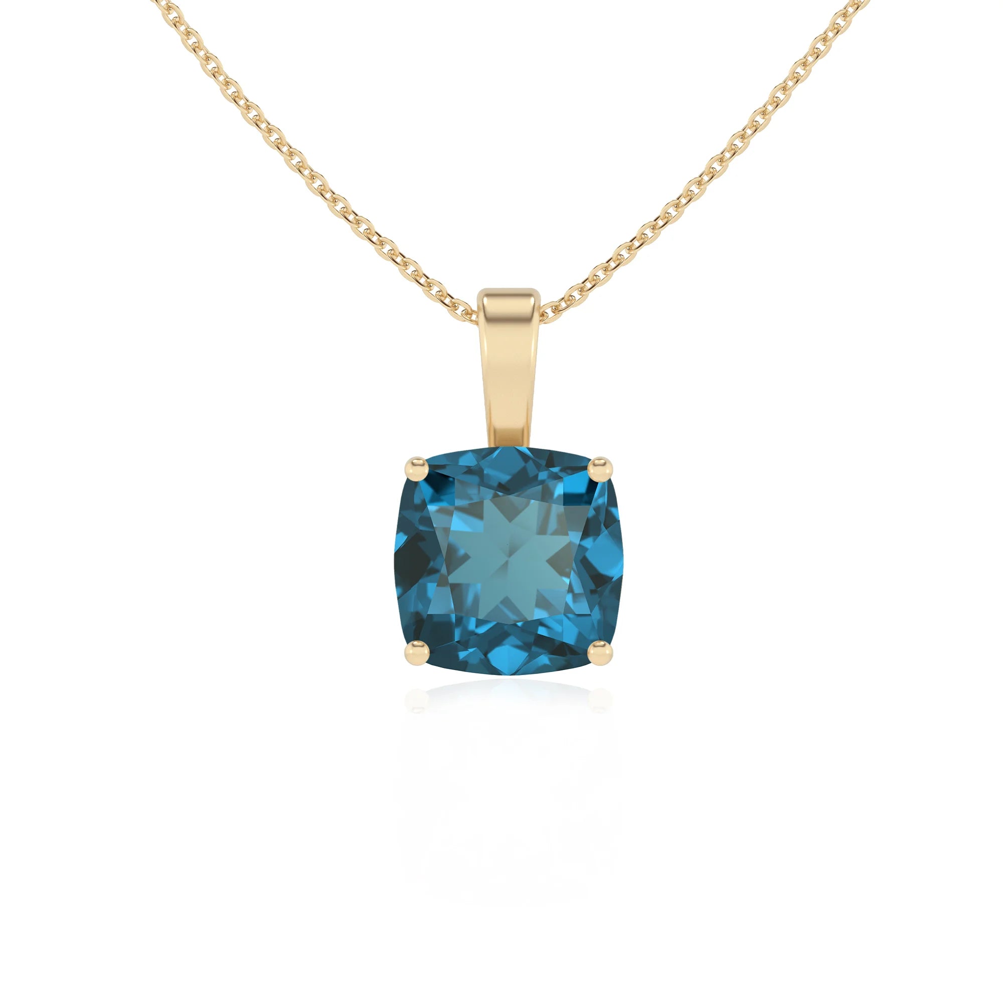 natural london-blue-topaz cushion solitaire necklaces in yellow gold 