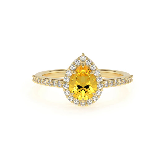 lab grown yellow-sapphire pear solitaire rings in yellow gold 