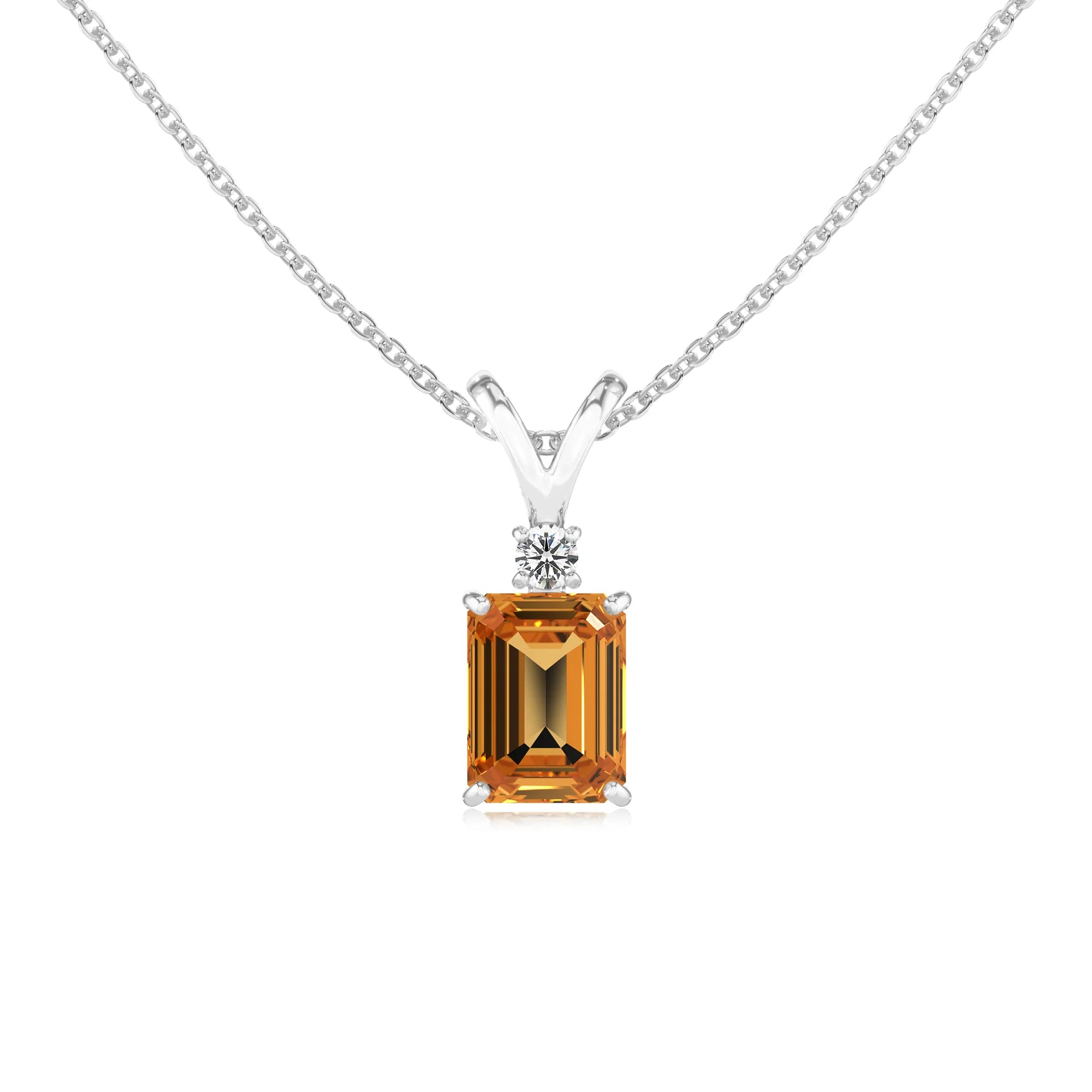lab grown citrine emerald cut solitaire v-bale necklaces in white gold 
