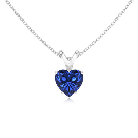 Lab Grown Blue Sapphire Heart Solitaire V-Bale Pendant Necklace with 18" Chain