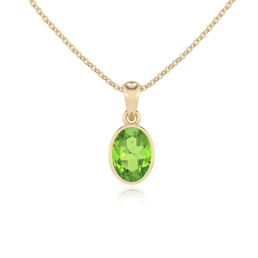 natural peridot oval solitaire necklaces in yellow gold 
