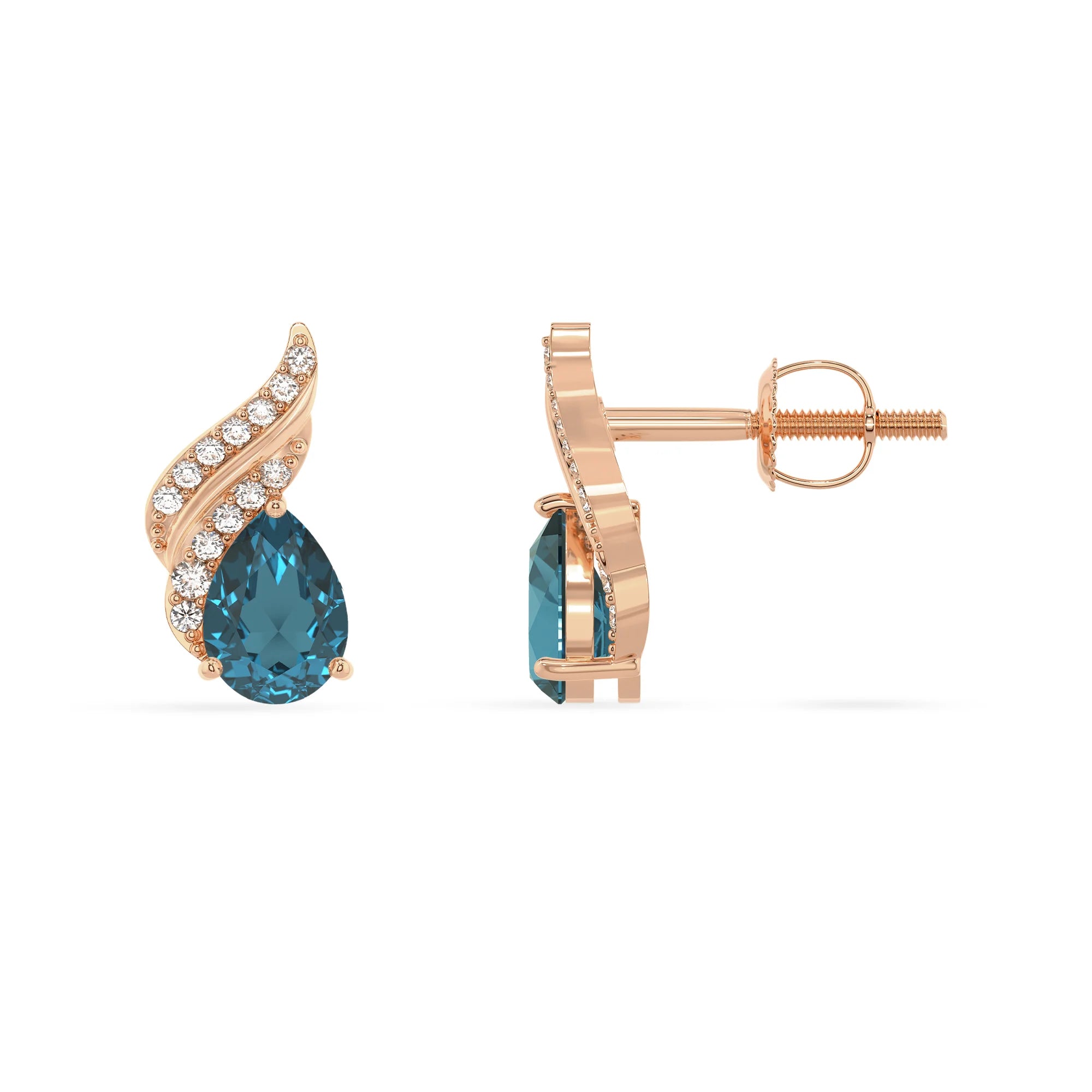 natural london blue topaz pear stud earrings in rose gold 