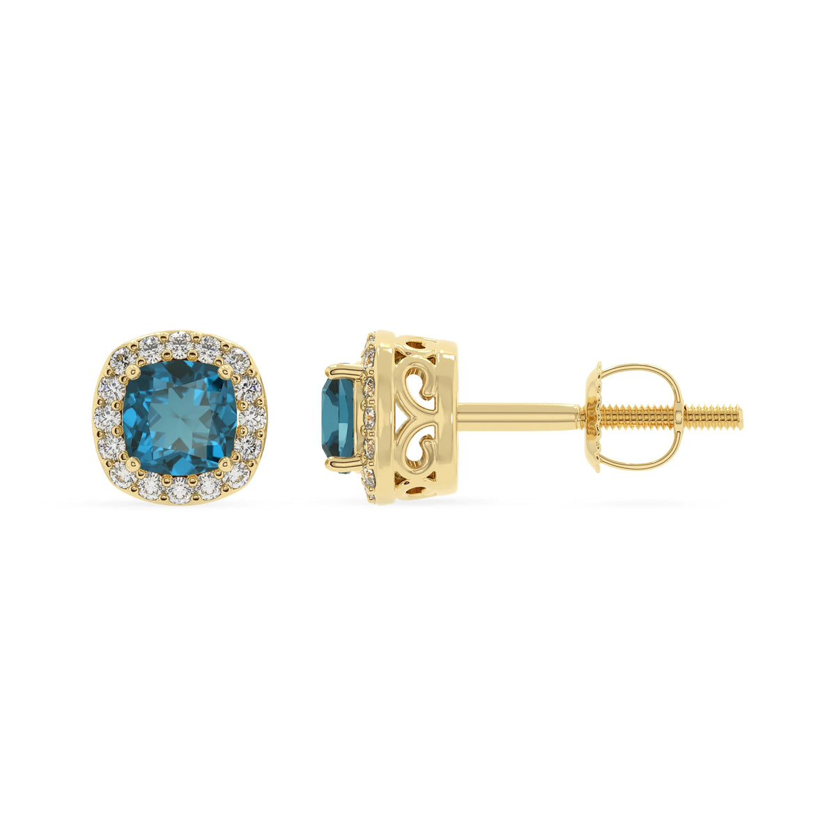 natural london blue topaz cushion stud earrings in yellow gold 