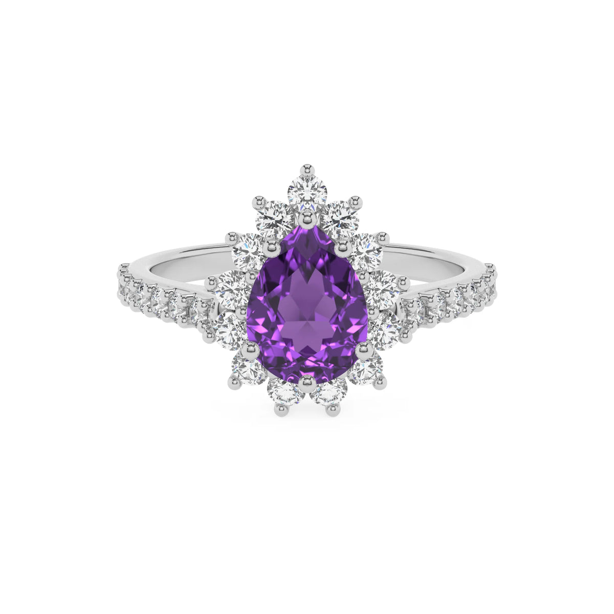 lab grown amethyst pear solitaire rings in white gold 