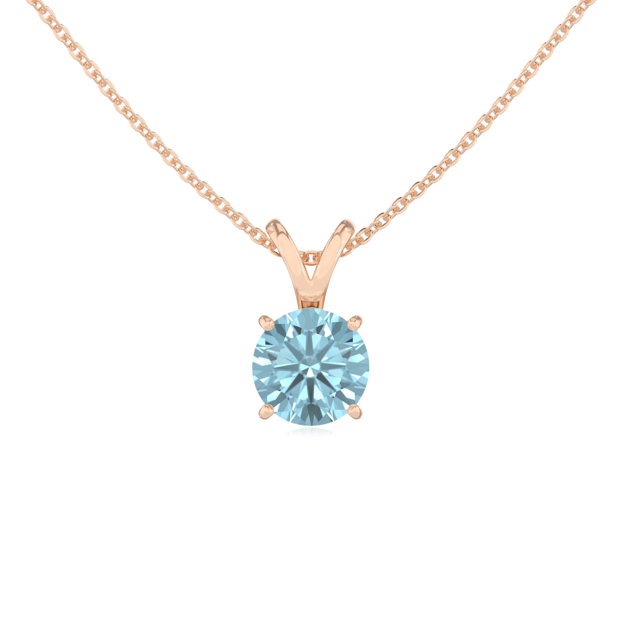 lab grown aquamarine round solitaire v-bale necklaces in rose gold 
