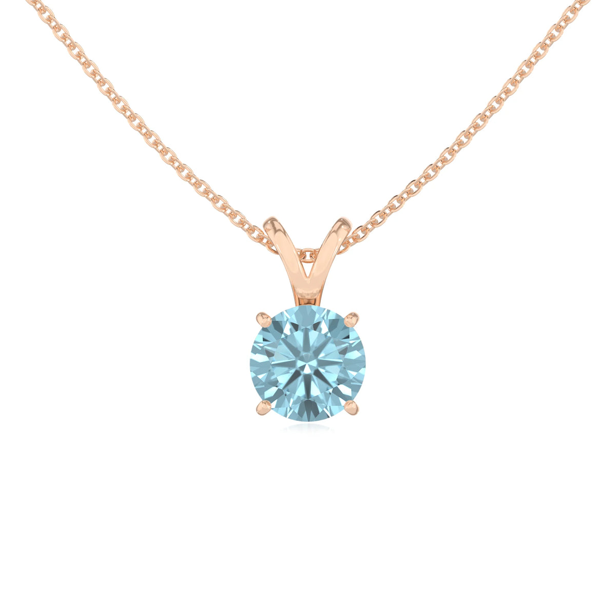 lab grown aquamarine round solitaire v-bale necklaces in rose gold 