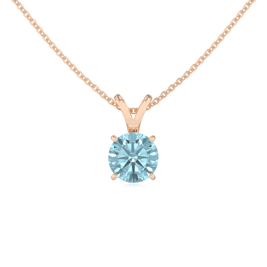 lab grown aquamarine round solitaire v-bale necklaces in rose gold 