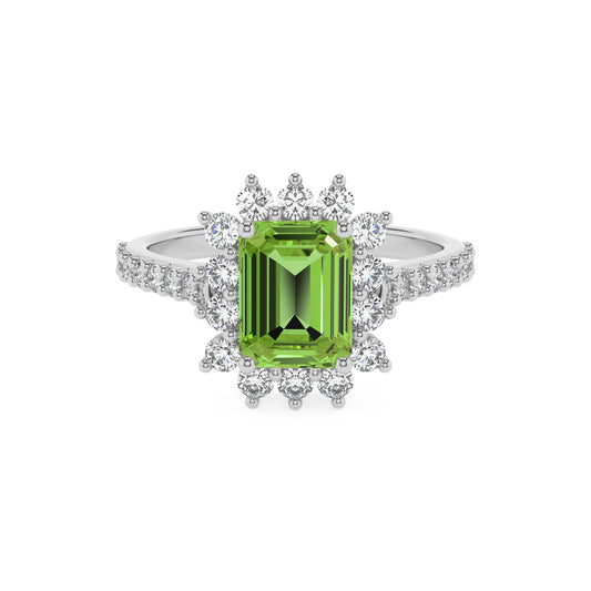 natural peridot emerald cut solitaire rings in white gold 