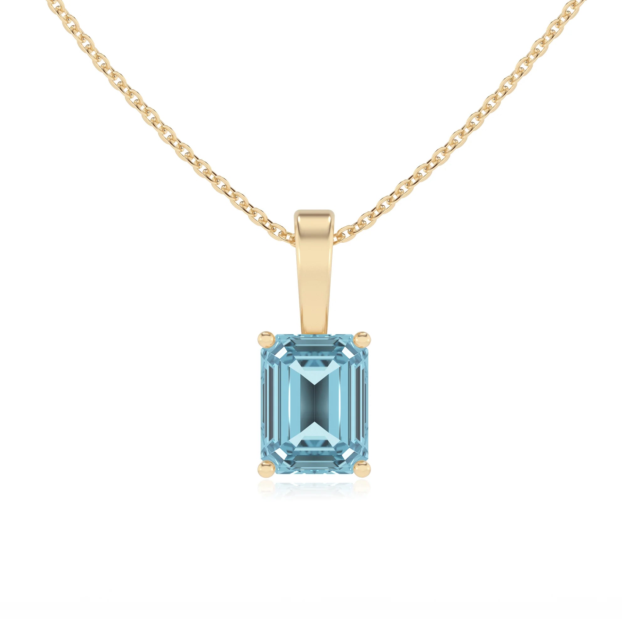lab grown aquamarine emerald cut solitaire necklaces in yellow gold 