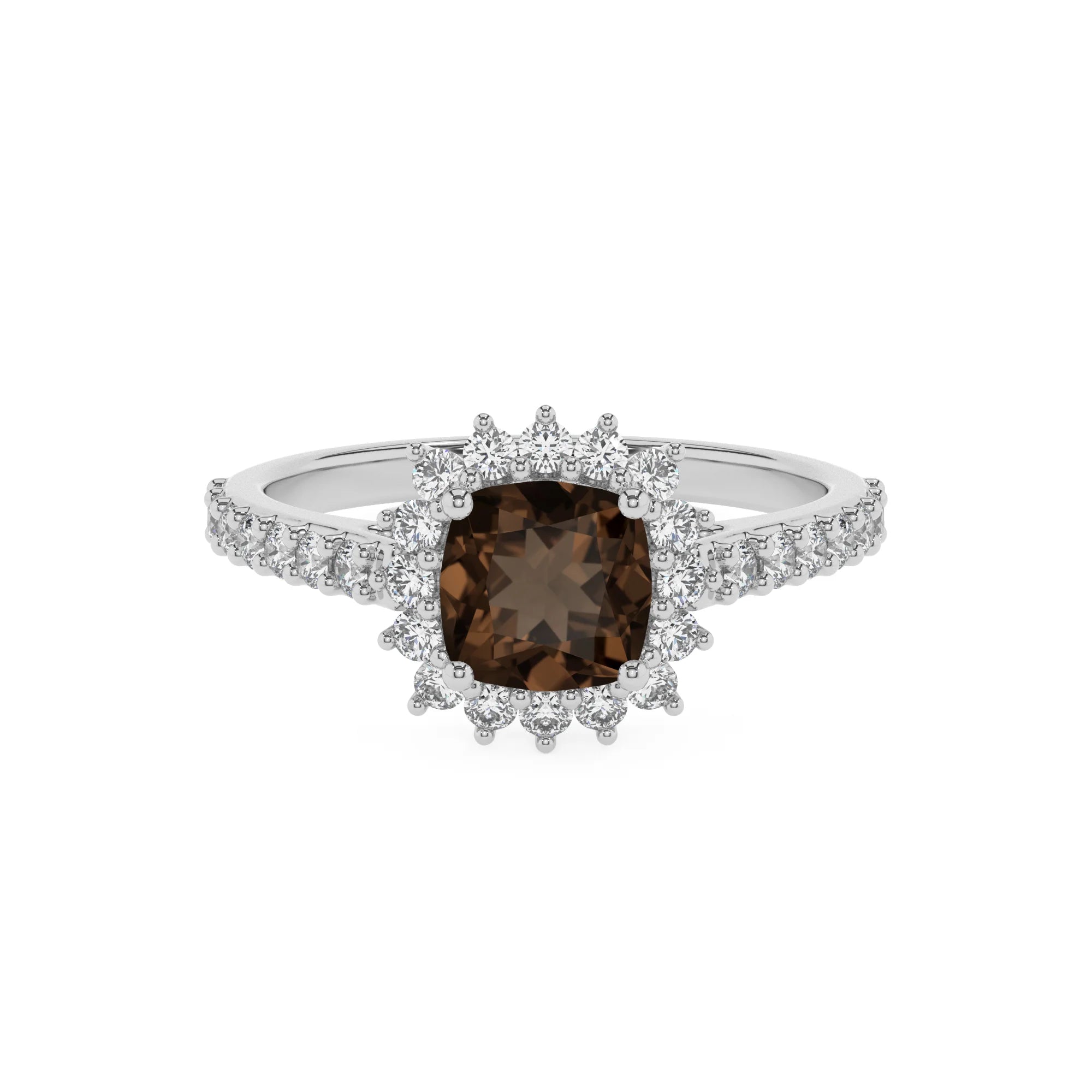natural smoky-quartz cushion solitaire rings in white gold 