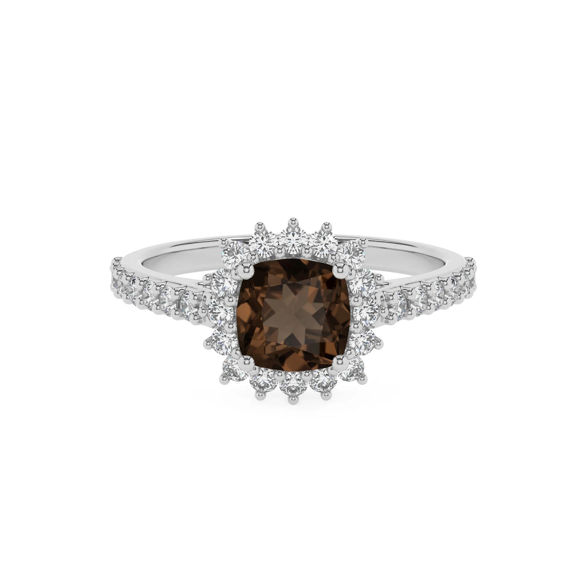 natural smoky-quartz cushion solitaire rings in white gold 