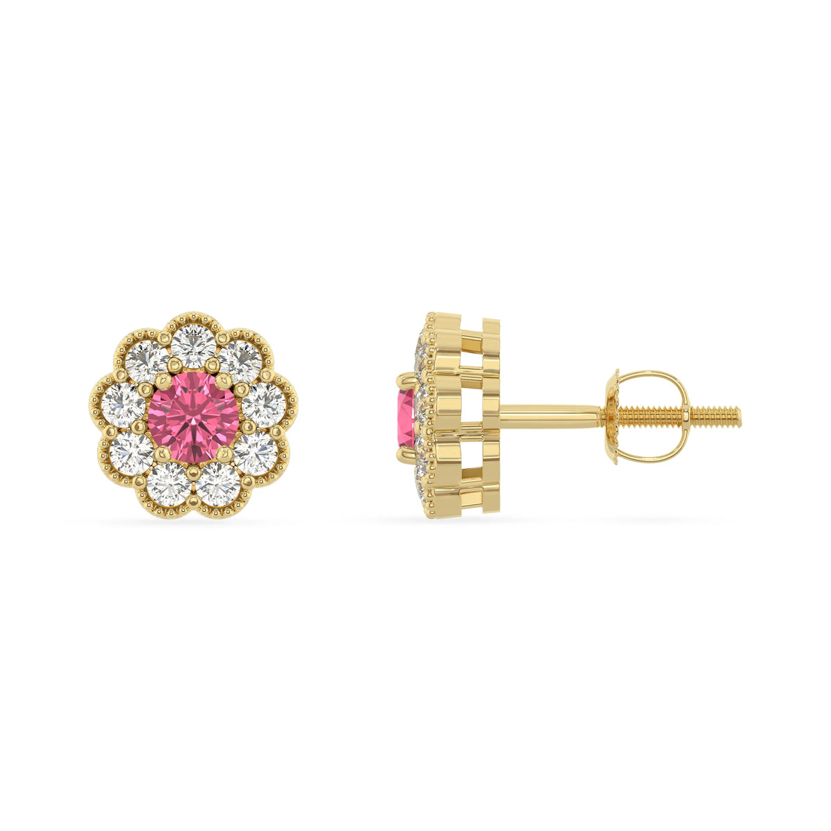 lab grown pink tourmaline round stud earrings in yellow gold 