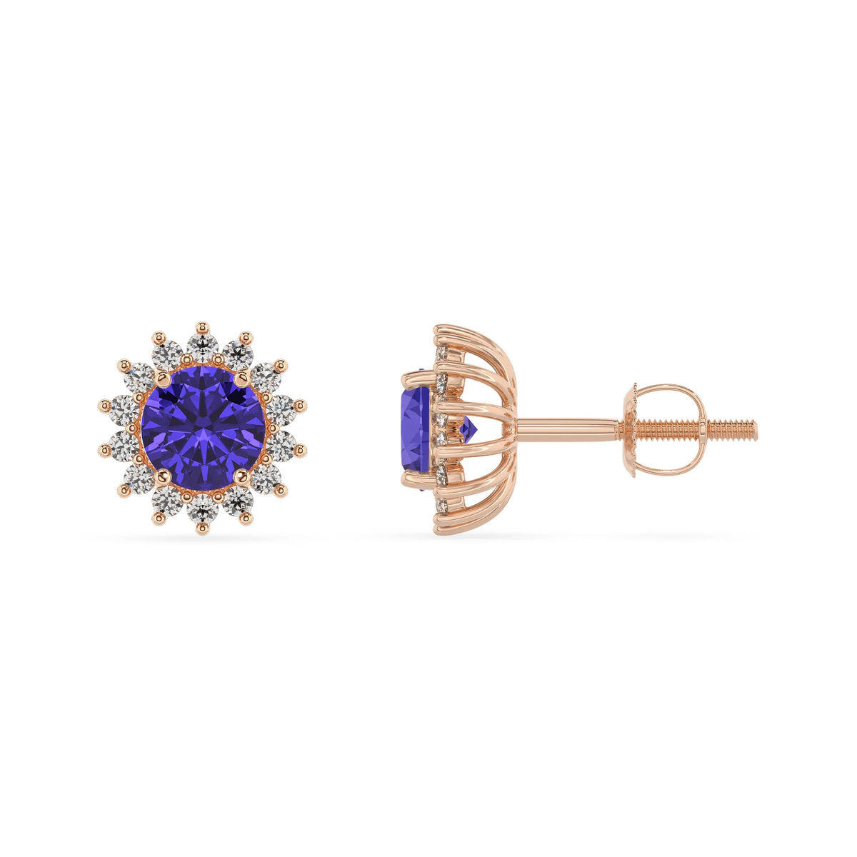 lab grown tanzanite round stud earrings in rose gold 
