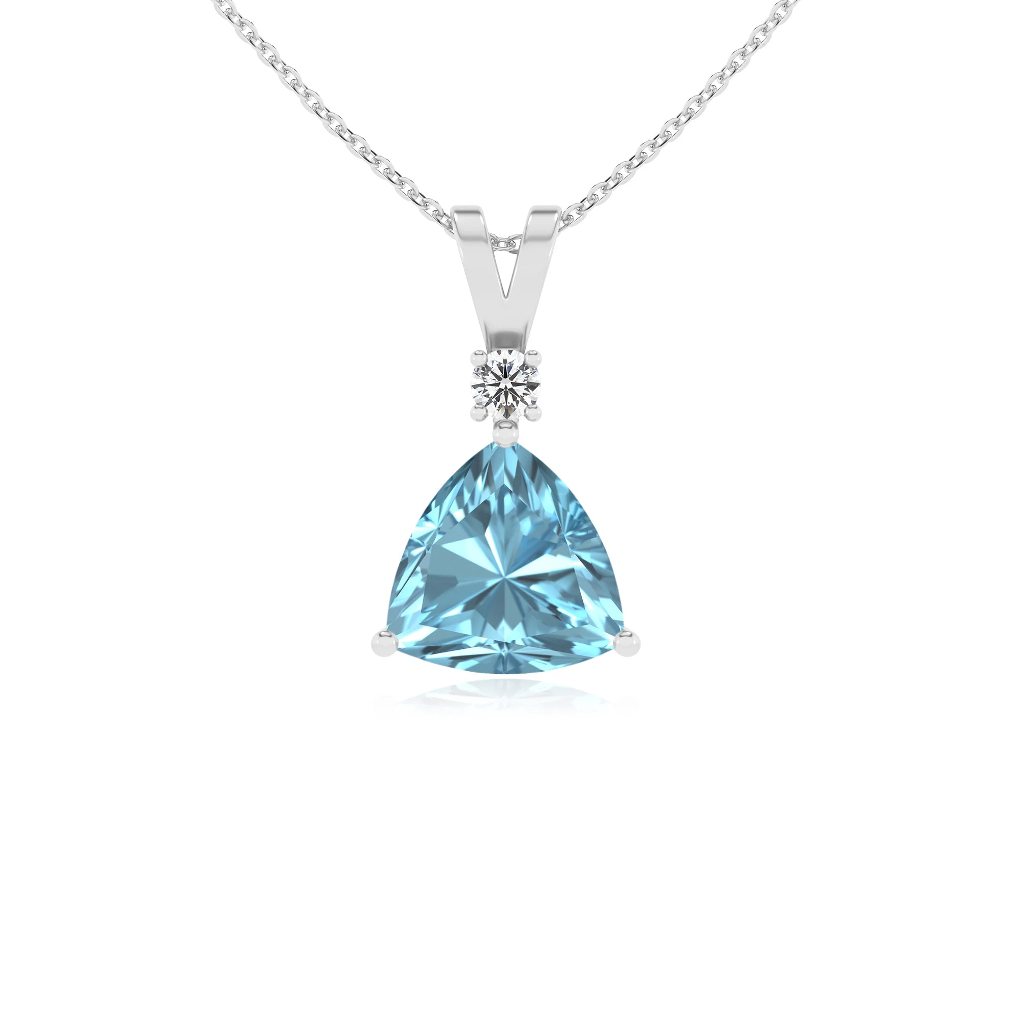 lab grown aquamarine trillion solitaire v-bale necklaces in sterling silver 