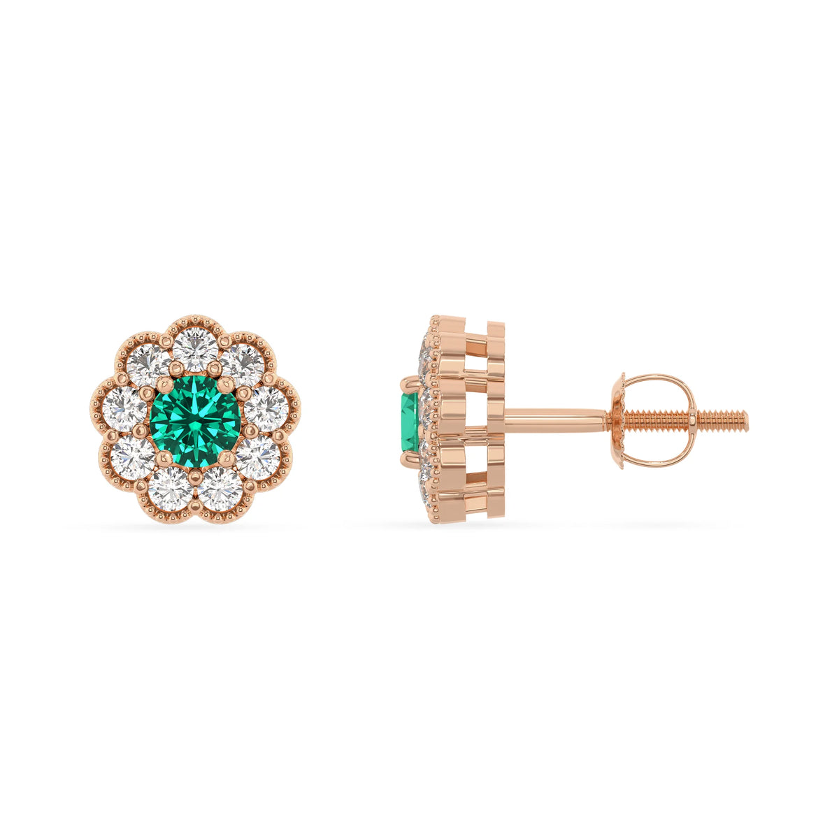 lab grown emerald round stud earrings in rose gold 