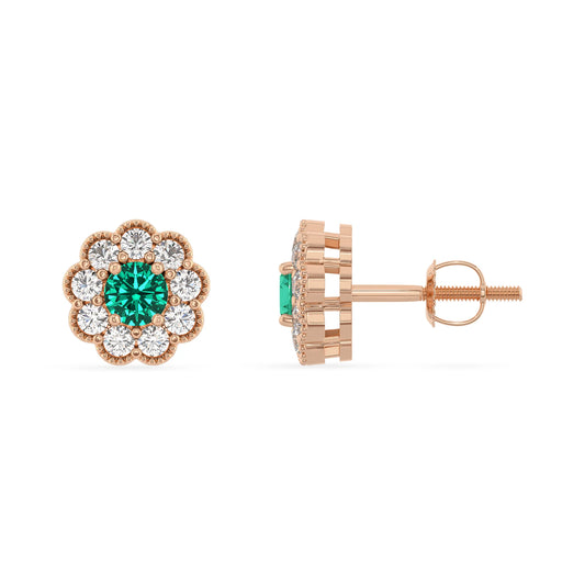 lab grown emerald round stud earrings in rose gold 