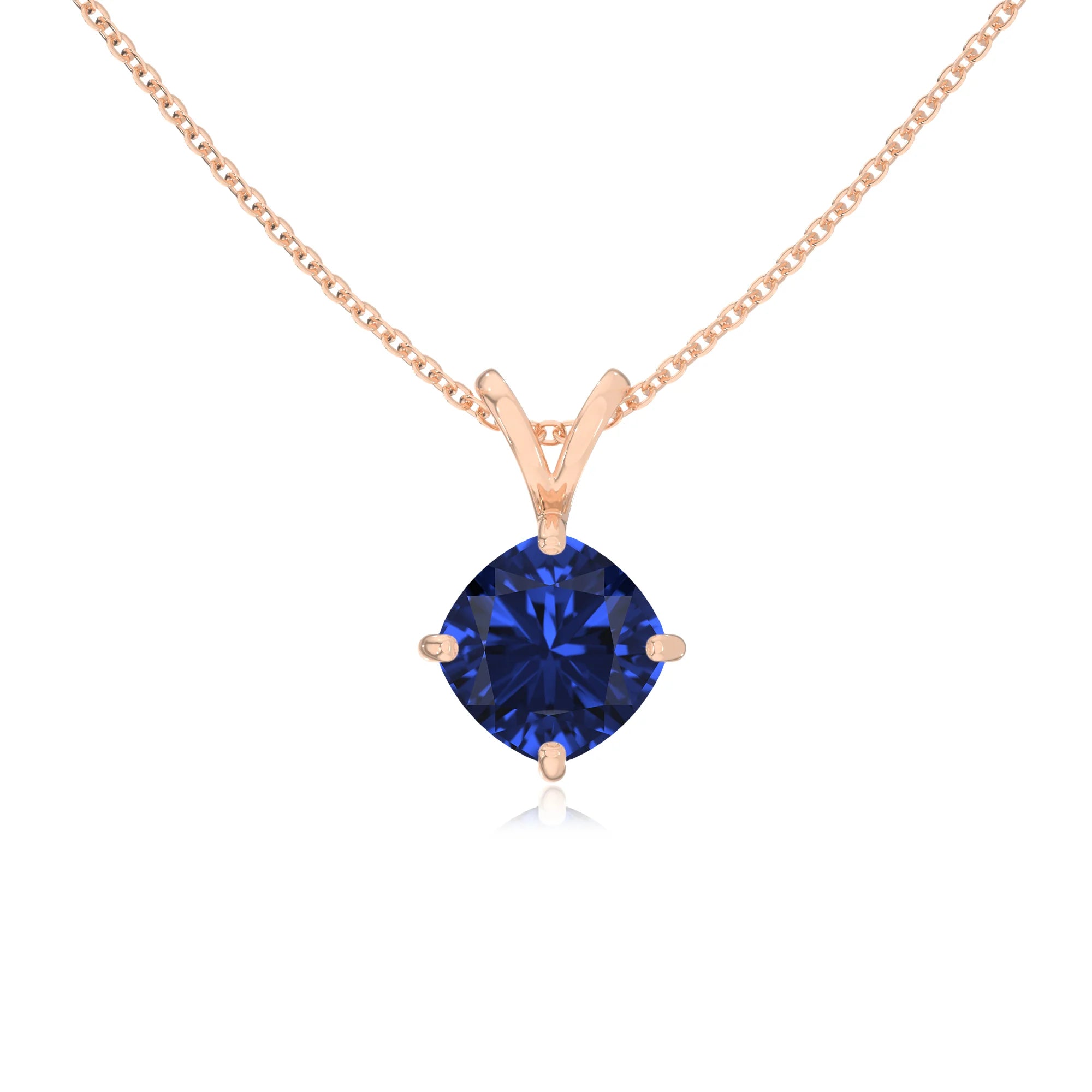 lab grown blue-sapphire cushion solitaire v-bale necklaces in rose gold 
