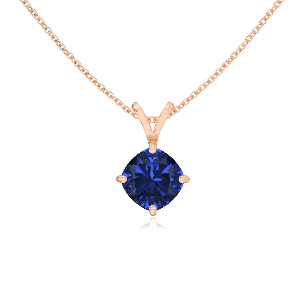 lab grown blue-sapphire cushion solitaire v-bale necklaces in rose gold 
