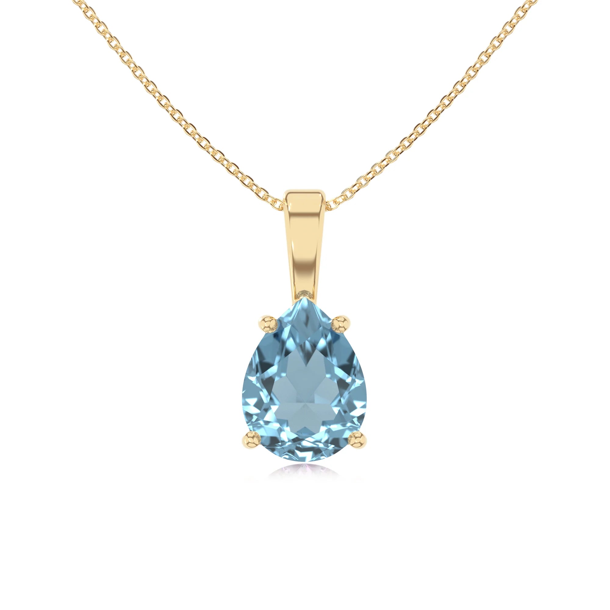 lab grown aquamarine pear solitaire necklaces in yellow gold 