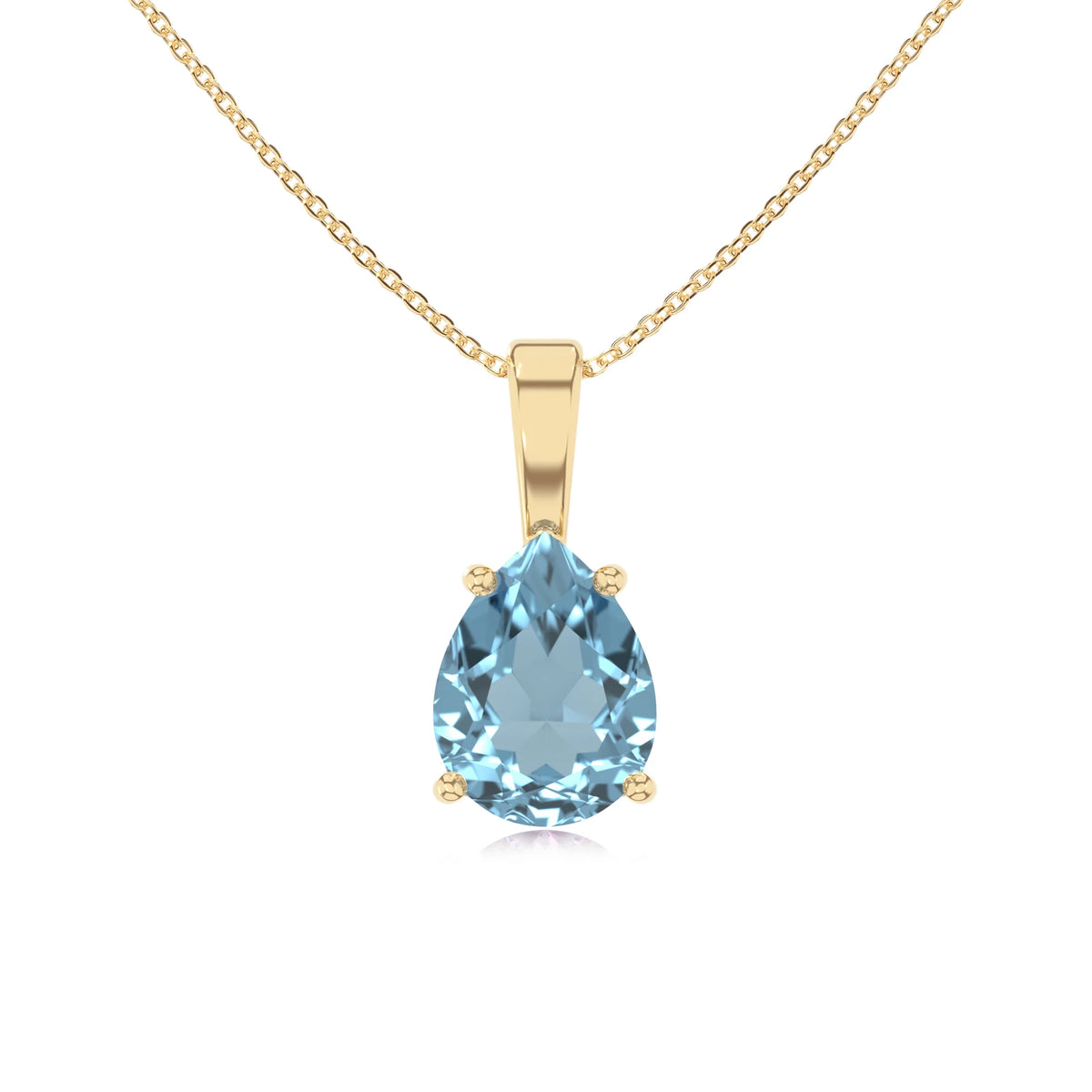 lab grown aquamarine pear solitaire necklaces in yellow gold 